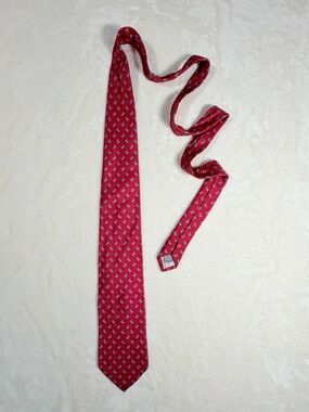 Barneys New York 100% Hand Woven Silk Red Tie with Blue Butterfly Motif